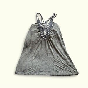 Y2K Apostrophe Green Blouse Tank Top Crochet Neckline Built-In Bra Size XS